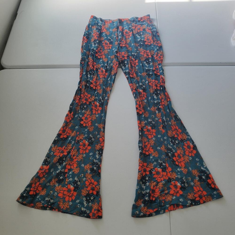 Free People Pants Womens XS Teal Orange Floral Flare Boho Elastic Waist Viscose